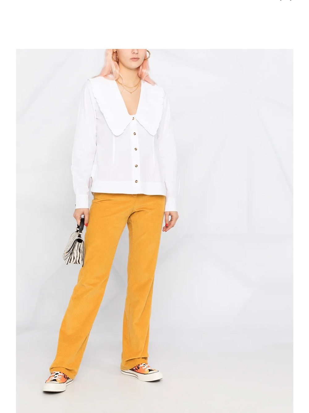 GANNI 36 White Organic Cotton Oversized Peter Pan Collar Button Front Blouse S